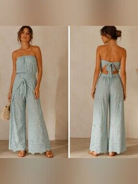 Young Fabulous & Broke Surf Blue Eyelet Lace Wideleg Jumpsuit | Sz Small | NWOT